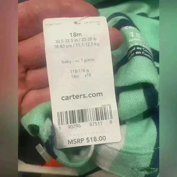 Carters NWT green with blue & white striped romper has snaps and collar 18 mths - Picture 11 of 11